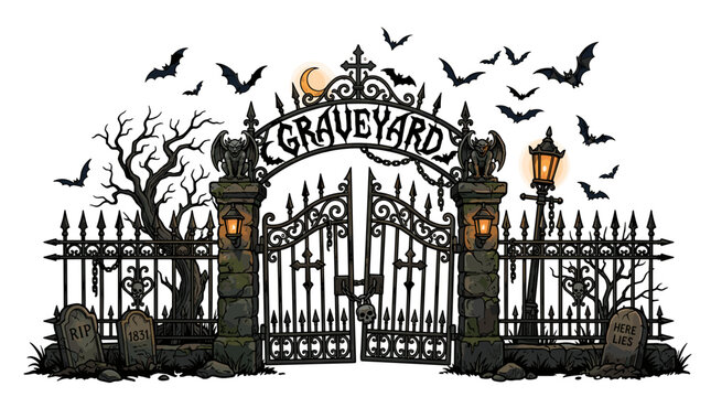 Spooky Graveyard Entrance Gate with Bats and Gargoyles for Halloween