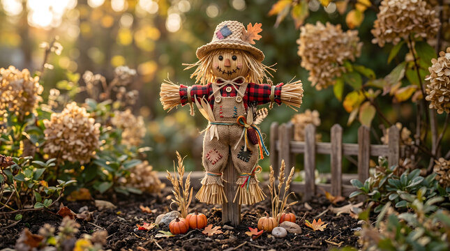 Cute Scarecrow Standing in Autumn Garden with Pumpkins and Hydrangeas, Fall Harvest Decoration with Wooden Fence, Seasonal Outdoor Photography