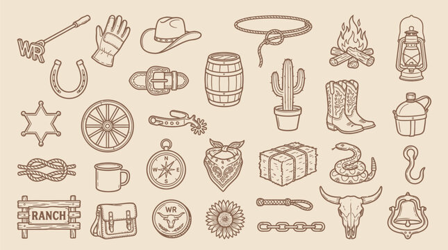 Collection of hand-drawn cowboy and western-themed icons and illustrations on a beige background.