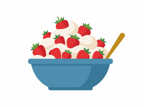 Flat vector illustration of fresh strawberries with whipped cream in a blue bowl with a spoon