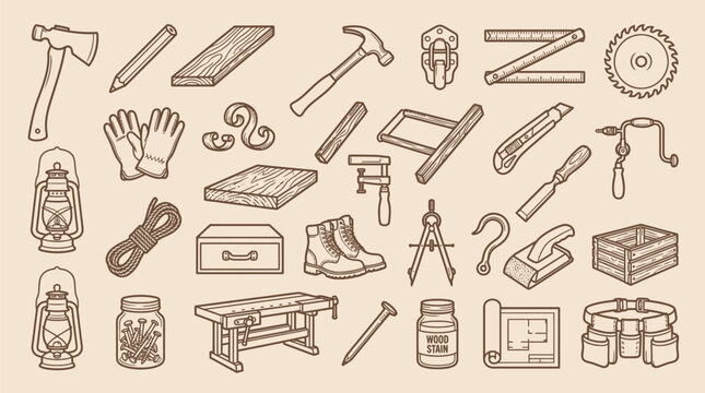 Collection of vintage carpentry and woodworking tools and equipment, illustrated in a retro style.
