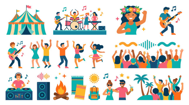 People Enjoying Summer Festival and Music Lifestyle Vector Asset Sheet with Dancing Crowd, Live Band and Flower Crown in Clean Flat Design for Celebration and Party Vibes Concepts
