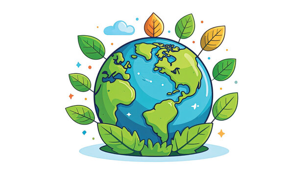 Earth Globe with Green Leaves Around.