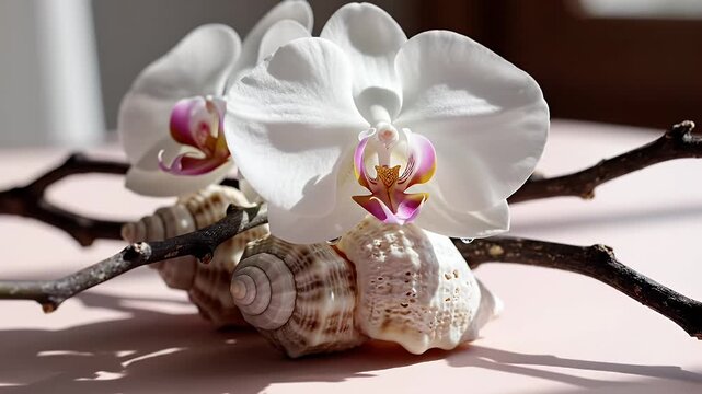 Elegant White Orchid and Seashells Nestled Across a Branch on a Pale Pink Surface