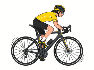 Naklejka premium Professional Female Road Cyclist Wearing Yellow Jersey and Helmet Riding a Racing Bicycle in a Minimalist Flat Vector Illustration Style