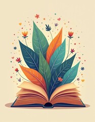 Naklejka premium Opened book with green leaves growing from pages. Floral design art with flying hearts, blossoms. Concept for learning, reading, nature, botany, education, imagination. Illustration for kids story.