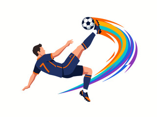 Obraz premium Dynamic flat vector illustration of a soccer player executing an acrobatic bicycle kick with a vibrant rainbow trail, showcasing athletic skill and fast-paced game action