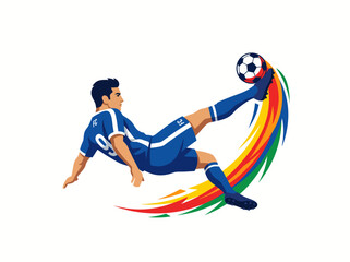 Obraz premium Colorful minimalist flat vector of a soccer player performing an overhead kick. Dynamic motion trail highlights athleticism and energy