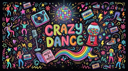Fototapeta premium Vibrant Retro Disco Dance Party Poster Featuring Colorful Doodles and Musical Elements Illustration