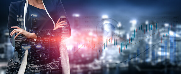 Professional woman dressed in a business suit stands confidently with crossed arms. Background features a city skyline and financial graphs highlighting growth possibilities. Scalp © InfiniteFlow