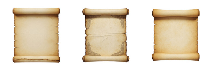 Set of vintage antique parchment paper scroll for historical document message greeting invitation isolated on transparent background, png. © Mj
