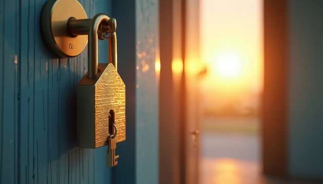 Golden house shaped padlock secures open blue door at sunset. Key hangs in lock. Warm light streams in. Offers concept of home access security and new beginnings.