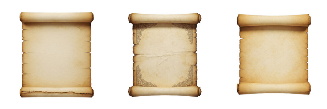 Set of vintage antique parchment paper scroll for historical document message greeting invitation isolated on transparent background, png.
