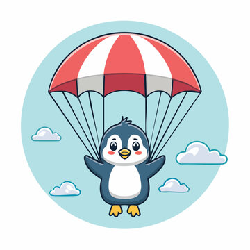 Cute cartoon penguin skydiving with a parachute