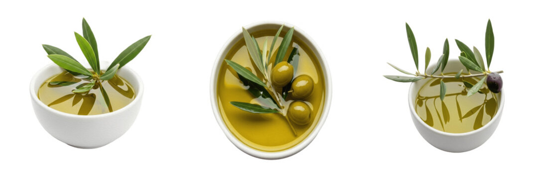 Set of small ceramic bowl with olive oil and green olives healthy mediterranean food ingredient cooking recipe isolated on transparent background, png.