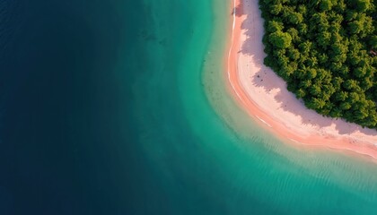 Obraz premium Aerial view pink sand beach with lush green foliage island. Turquoise water surrounds the shore. Tropical nature background. Summer vacation scene for travel companies. Holiday concept.