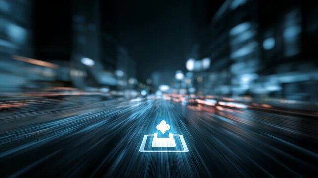 Futuristic city street at night with glowing digital upload icon in center, symbolizing fast data transfer, advanced technology. Urban lights blur in motion, creating dynamic, high speed atmosphere