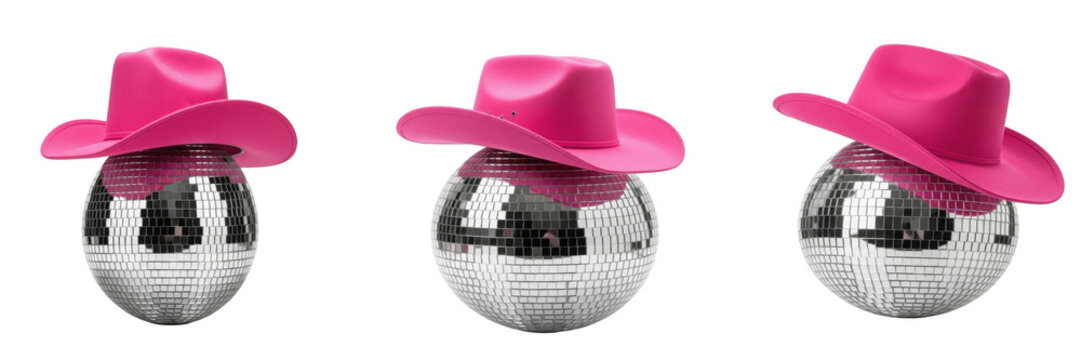 Set of shiny silver mirror disco ball wearing a vibrant pink cowboy hat fun festive party dance entertainment fashion element isolated on transparent background, png.