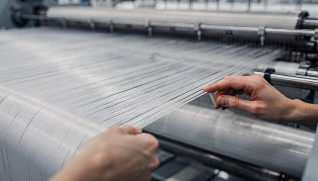 Closeup of skilled workers adjusting polyester yarns on an automated warping machine highlighting the smooth synthetic fibers and advanced textile production process.