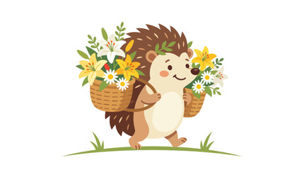Naklejka premium Cute Hedgehog Carrying Flower Baskets, Springtime Illustration