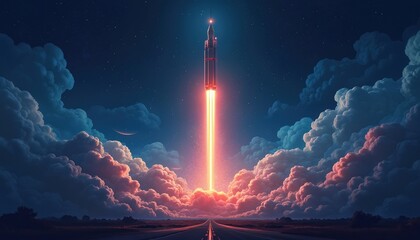 Fototapeta premium Rocket blasts off into starry night sky over clouds and road. Fiery engine plume ascends, signifying new beginning, aspiration, and rapid advancement in tech.