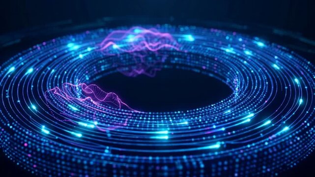 Abstract visualization of dynamic blue and purple light waves forming circular patterns in a dark environment