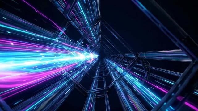 Dynamic display of vibrant light beams in blue and pink colors creating an immersive digital atmosphere