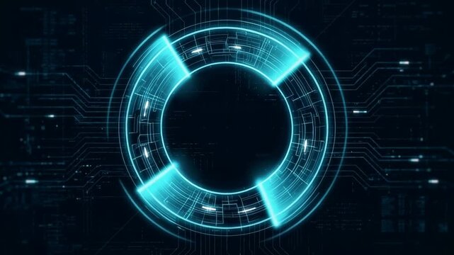 Futuristic blue digital interface with glowing circular shapes and intricate circuit patterns, conveying advanced technology and innovation