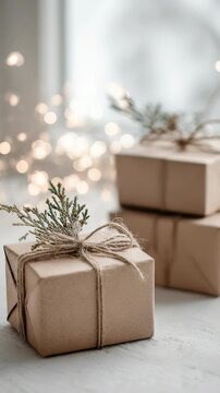 Eco friendly gift box wrapped in brown kraft paper and tied with natural twine, decorated with a sprig of greenery. Minimalist holiday present with festive bokeh lights in the background