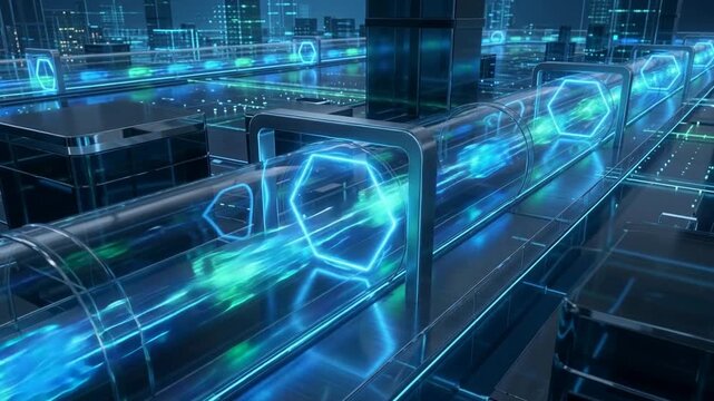 Futuristic digital landscape featuring illuminated tubes and hexagonal shapes in a high-tech environment