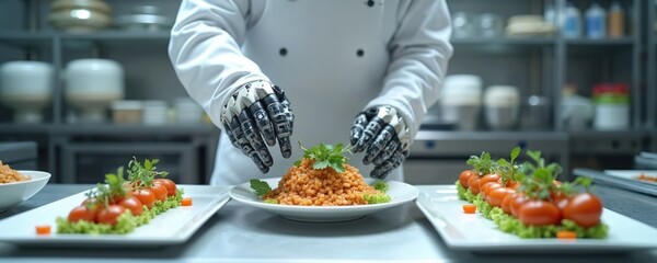 Obraz premium Robot arms plate food with precision in a modern kitchen. Automated cooking system garnishes meals for efficient service. Future of culinary preparation.