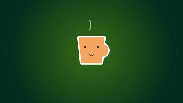 Animated cute coffee mug character with rising steam against green background
