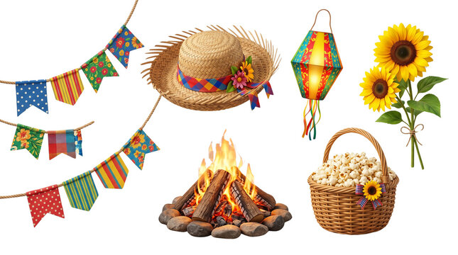 Festa Junina Celebration Elements Straw Hat Campfire Lantern Popcorn Sunflowers and Bunting Flags