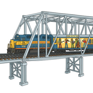 Vintage 70s Train Crossing Bridge with Musicians Performing Live on Board Retro Vector Illustration performance railway transport people music clean