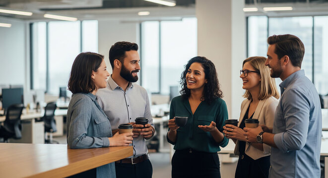 Cheerful corporate colleagues talking and networking in modern office perfect for positive professional communication and business teamwork