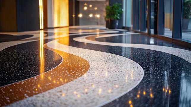 Close up detail of colorful terrazzo surface featuring recycled marble aggregate and smooth polished texture, representing sustainable flooring material for contemporary buildings