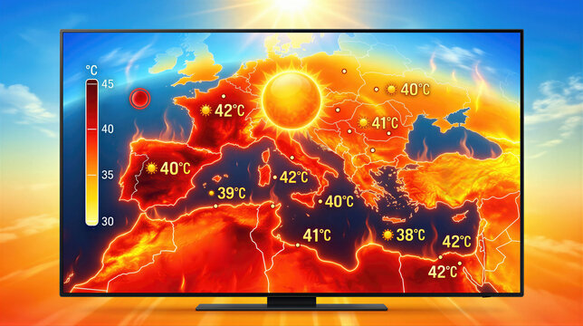 Weather forecast display on television screen showing extreme heat wave across Europe. High temperature map with burning sun symbol and orange danger zone for climate change report.