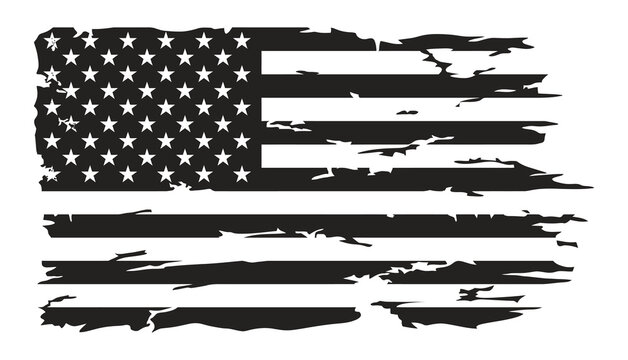 Distressed American flag silhouette on a white background representing patriotism and national pride with a tattered appearance