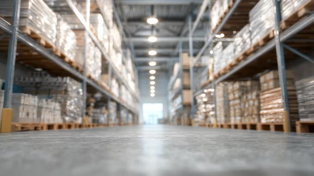 Modern warehouse interior with tall shelves filled with stacked boxes, packages, illuminated by bright industrial lighting. Logistics, supply chain efficiency are highlighted in this spacious storage