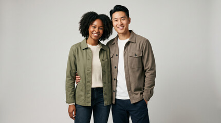 Fototapeta premium Couple smiles while standing together in a studio setting wearing casual clothing