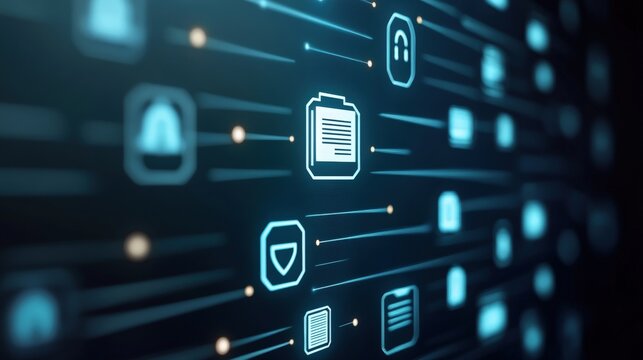 Conceptual regulatory compliance. Layered document icons and digital authentication element against abstract background. Systematic business process integration for corporate governance implementation