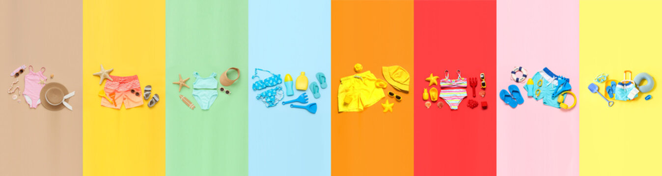Colorful summer vacation essentials collection with swimwear, beach toys, and accessories on vibrant backgrounds