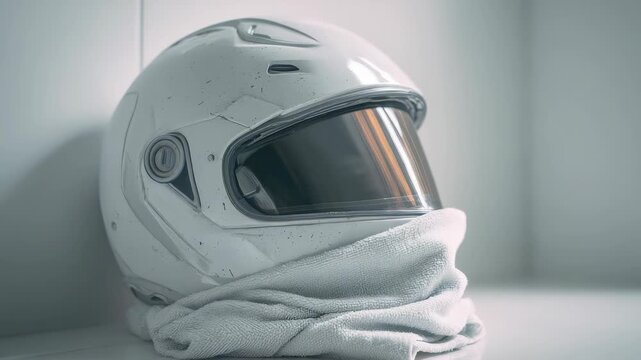Sleek white motorcycle helmet with a reflective visor is placed on a neatly folded towel, creating a clean and stylish composition. The scene highlights safety, technology, and contemporary lifestyle