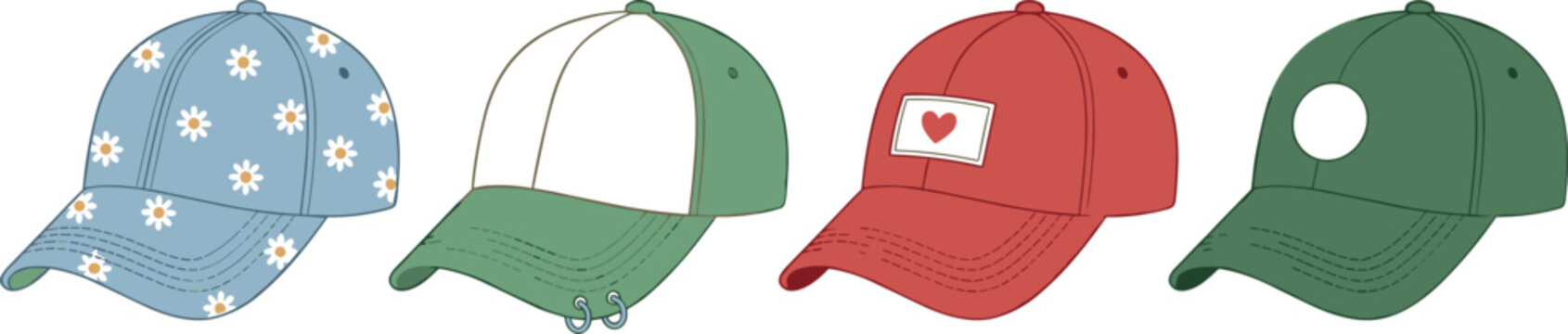Baseball Cap Mockup Set with Trendy Floral Pattern, Heart Patch, and Minimalist Streetwear Headwear Designs for Fashion and Apparel Vector IllustrationBaseball Cap Mockup Set with Trendy Floral Patter