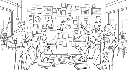 Obraz premium Business Team Brainstorming and Collaborating in Modern Office with Data Charts and Creative Ideas Illustration