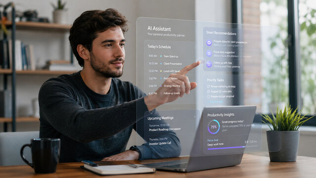 Young entrepreneur using an AI personal assistant to organize meetings, schedules and business priorities