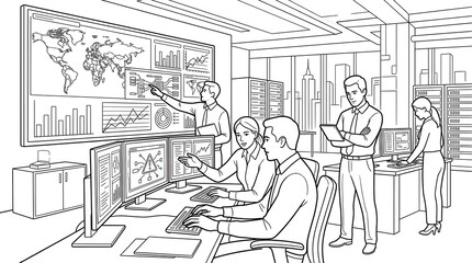 Obraz premium Business Professionals Monitoring Global Data Analytics and Network Infrastructure in a Modern Tech Office