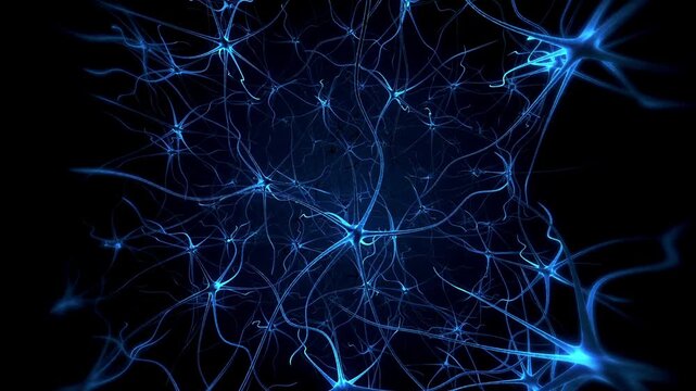 Blue neurons transmit electrical impulses through an interconnected network inside the human brain backdrop.
