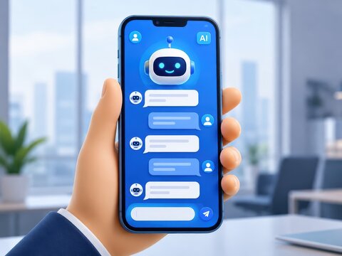 AI Chatbot on Smartphone: A hand holding a modern smartphone displays an AI chatbot interface with message bubbles and the AI icon.