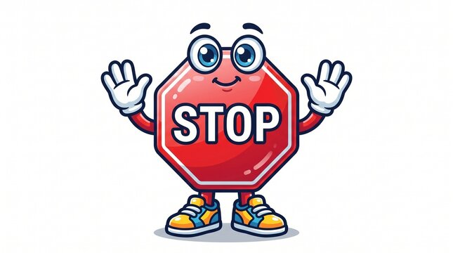Cute Cartoon Stop Sign Mascot Character With Raised Hands Isolated on White Background